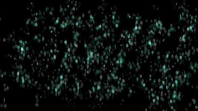 animation of binary numbers zeros and ones, randomly shaped in green on a black background
