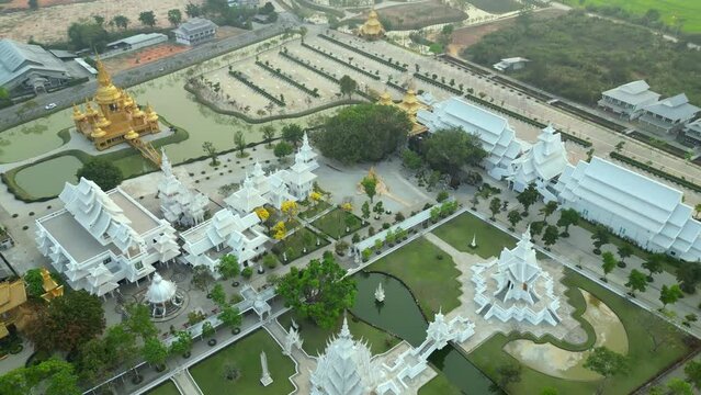 Drone footage. Thailand. white templt. A modern Buddhist temple with its unique snow-white facade