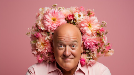 Amusing image of a bald man surrounded by flowers in a studio photo