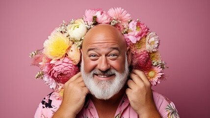 Amusing image of a bald man surrounded by flowers in a studio photo