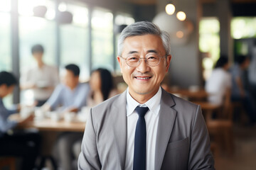 Fototapeta premium Asian businessman looks at the camera in his company with office workers in the background 