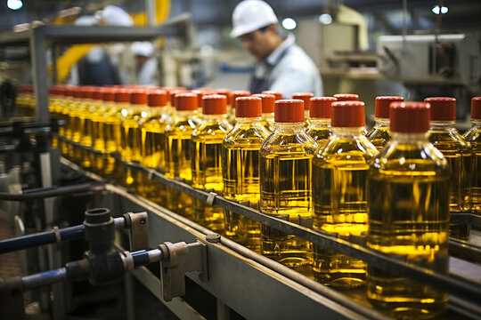 Conveyor Belt for liquid Packaging in a Bottling Factory.