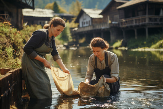 Early 20th-century scene of two women washing clothes by the river.