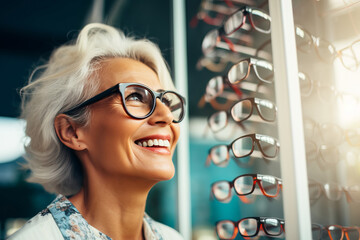 Attractive mature woman with natural gray hair chooses and tries on glasses in an ophthalmology store - obrazy, fototapety, plakaty