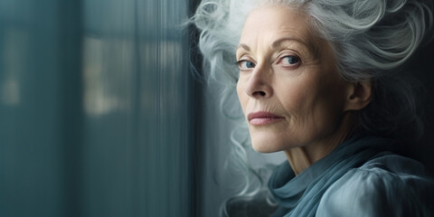 Radiant Caucasian Matriarch: Graceful Gray-Haired Beauty in Subdued Portrait, Evoking Cool Elegance against Gray Backdrop, AI generated