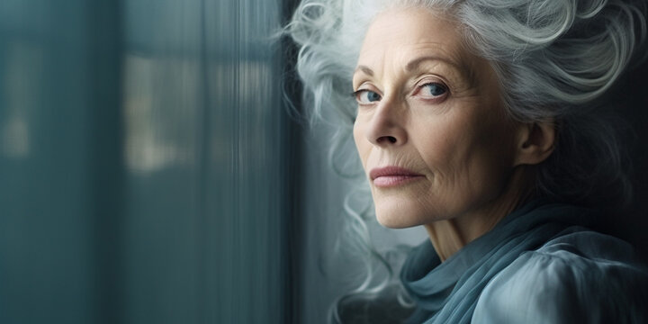 Radiant Caucasian Matriarch: Graceful Gray-Haired Beauty in Subdued Portrait, Evoking Cool Elegance against Gray Backdrop, AI generated