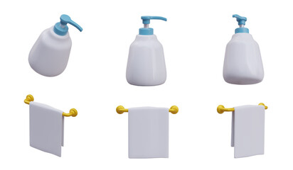 Collection with different elements for body care and washing procedures. 3d home care concept. Vector illustration in 3d style with blue and gold elements