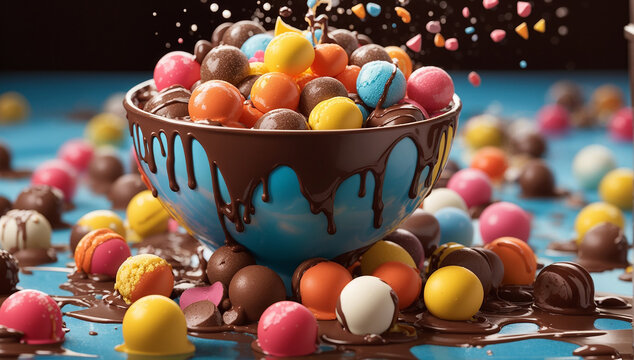 Imagine a world where liquid chocolate and bonbons burst into a colorful splash of sweetness, filling the air with a tantalizing aroma - AI Generative