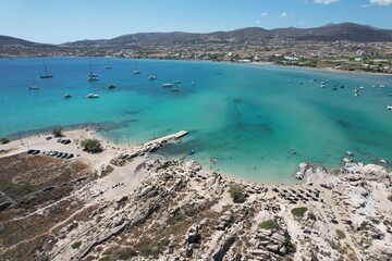 Aerial views from over Kolympethres Beach on the Greek Island of Paros. 