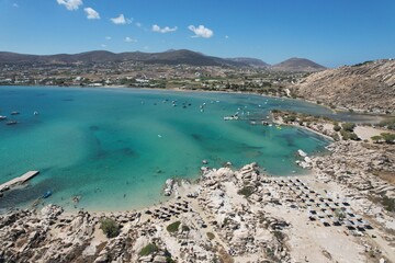 Aerial views from over Kolympethres Beach on the Greek Island of Paros. 