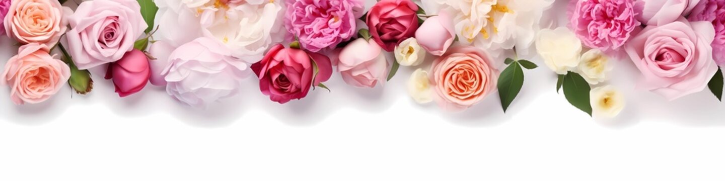 Frame mockup with roses and pions flowers on a white background. Banner or gift card with flowering frame