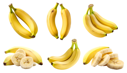 Yellow banana bananas, many angles and view side top front sliced bunch cut isolated on transparent background cutout, PNG file. Mockup template for artwork graphic design