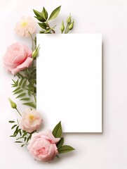Obraz na płótnie Canvas Frame mockup with roses and pions flowers on a white background. Banner or gift card with flowering frame