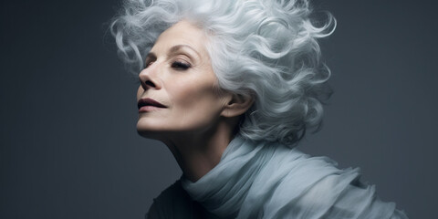 Fototapeta premium Radiant Caucasian Matriarch: Graceful Gray-Haired Beauty in Subdued Portrait, Evoking Cool Elegance against Gray Backdrop, AI generated