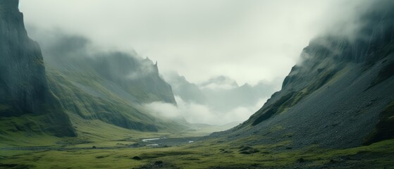 Misty mountains fading into the distance. foggy mountain. aerial view of mountain and river - obrazy, fototapety, plakaty