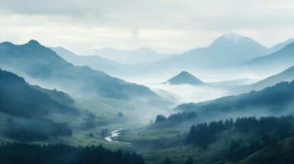 Fototapeta na wymiar Misty mountains fading into the distance. foggy mountain. aerial view of mountain and river