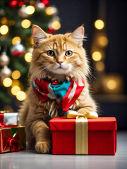 cute cat holds gifts on Christmas Eve. Generated by artificial intelligence.