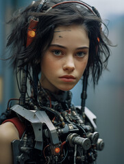 Naklejka premium A portrait of a cute cyborg girl with human face