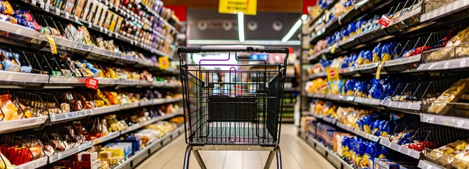 Fotobehang A shopping cart by a store shelf in a supermarket © monticellllo