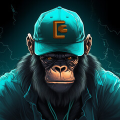 Image of a brutal gorilla wearing a cap in turquoise and amber, hip-hop influenced, glowing portraits, avatar, logo, punk, bold characters inspired by manga. - obrazy, fototapety, plakaty