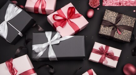 gift boxes and decorations on abstract background, sales gifts background, colored gifts wallpaper, black friday