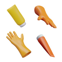 Yellow and orange rubber gloves, tubes with household chemicals. Vector illustration for store with household goods. Icons for cleaning service. Clean surfaces, mockup