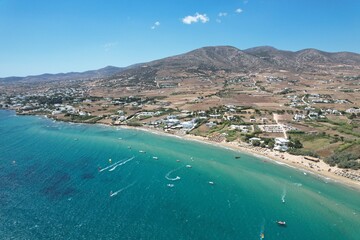 Aerial views from over Golden Beach, on the Greek Island of Paros