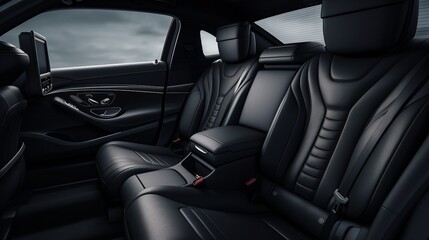 Frontal view of luxurious black leather back passenger seats in a modern and stylish luxury car