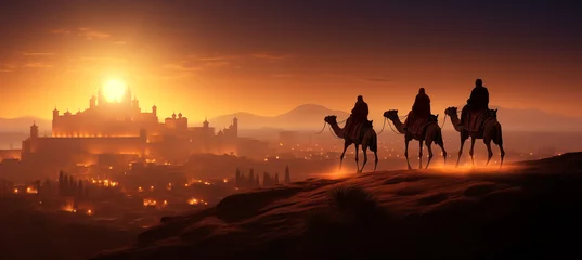 Fotobehang Reyes magos viajando por el desierto, llegando a Belén. Noche de reyes magos. Día de reyes magos. © Pilar Arias Grení