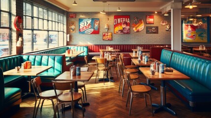 Fototapeta na wymiar Classic retro diner cafe interior, 1950s style classic.Generative AI. 