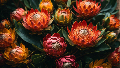 Intricate and unique protea flowers, with their bold shapes and vibrant colors - AI Generative
