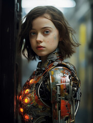 A portrait of a cyborg girl with human face