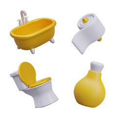Luxury bath, soft toilet paper, toilet with gold seat, yellow bottle for liquid cosmetic product. 3D accessories for basic daily hygiene. Isolated vector on white background