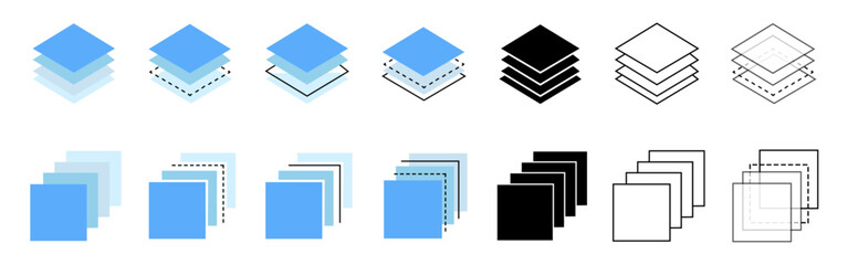 Layer icon. Stack logo. Blue, black, line layer icons for paper, carpet, floor and level. 3 layers. Pictogram symbols for architecture. Design technology. Tier depth