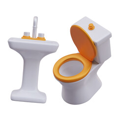 Porcelain washbasin with faucet, toilet with open lid. Vector illustration on white background. Cleaning and disinfection of sanitary ware. Equipment for bathroom. Image for online store