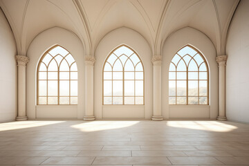Interior an empty room by romanesque style with light stucco walls, vaulted ceiling, large windows in the form of arches, tiled floor - obrazy, fototapety, plakaty