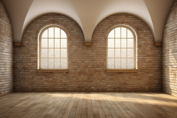 Interior by romanesque style an empty room with brickwork on the walls, vaulted ceiling, large windows in the form of arches, laminate floor made of wooden boards