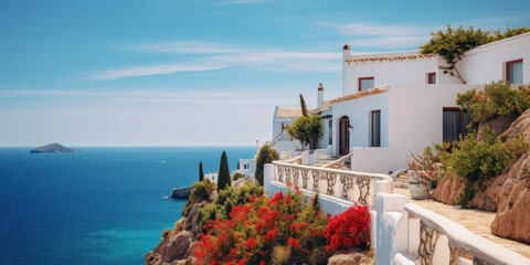 White Mediterranean villa on cliff decorated with red flowers, roses and green plants, with terrace on the shore of the blue sea - Powered by Adobe