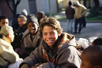 Portrait of young homeless positive smiling boy among other children in volunteer camp, the concept of social problems in society - obrazy, fototapety, plakaty