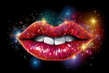 Fotobehang Red open lips isolated on black background surrounded colored shiny lights and sparkles, festive glamorous background by disco © Balica