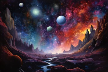 Une illustration de la surface d'une planète, la nuit sous un ciel rempli d'astres et d'étoiles - obrazy, fototapety, plakaty