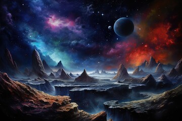 Une illustration de la surface d'une planète, la nuit sous un ciel rempli d'astres et d'étoiles