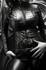 Fototapeta na wymiar Femme en cuir, modèle pour la mode en noir et blanc