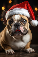 Realistic portrait of a French bulldog in Santa clothes. Dramatic lighting.