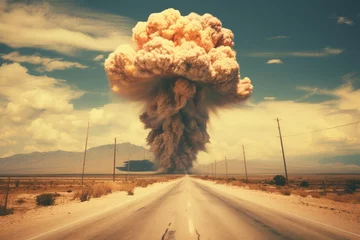 Deurstickers Explosion d'une énorme bombe nucléaire avec un nuage en forme de champignon, arme de destruction massive. © David Giraud