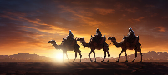 Reyes magos viajando por el desierto, en el atardecer, llegando a Belén. Noche de reyes magos. Día de reyes magos.