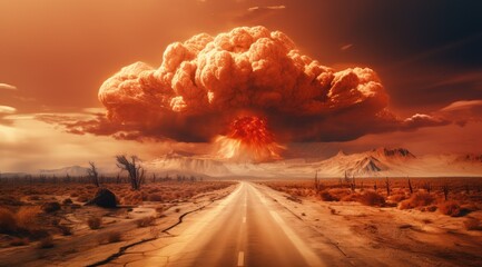 Explosion d'une énorme bombe nucléaire avec un nuage en forme de champignon, arme de destruction massive. - obrazy, fototapety, plakaty