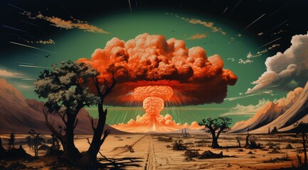 Explosion d'une énorme bombe nucléaire avec un nuage en forme de champignon, arme de destruction massive. - obrazy, fototapety, plakaty