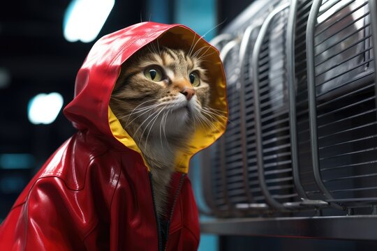 Le portrait d'un chat habillé avec un vêtement de pluie