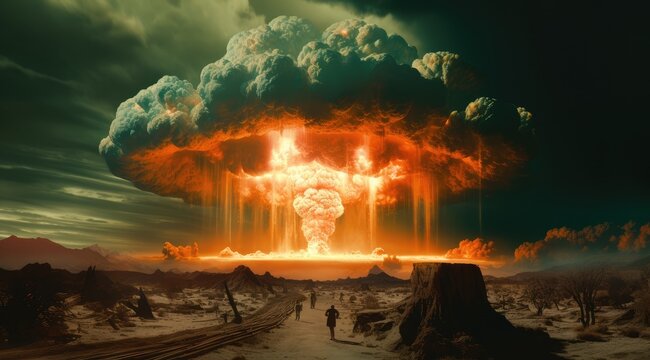 Explosion d'une &eacute;norme bombe nucl&eacute;aire avec un nuage en forme de champignon, arme de destruction massive.